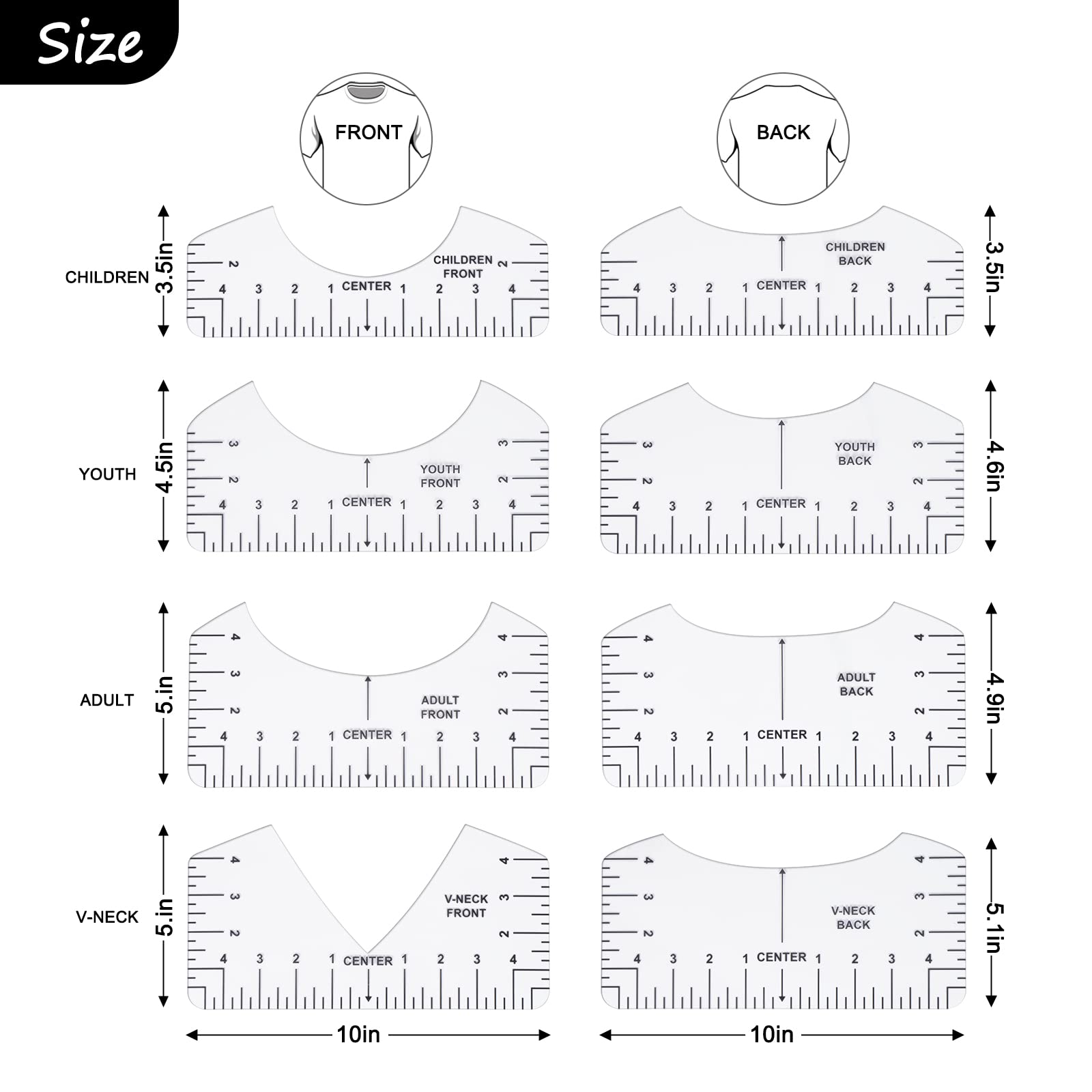 9Pcs Tshirt-Ruler Guide to Center Vinyl, Transparent V-Neck/Round PVC Ruler for Alignment, Heat Press, Children Youth Adult, Front and Back Measurement (10in)