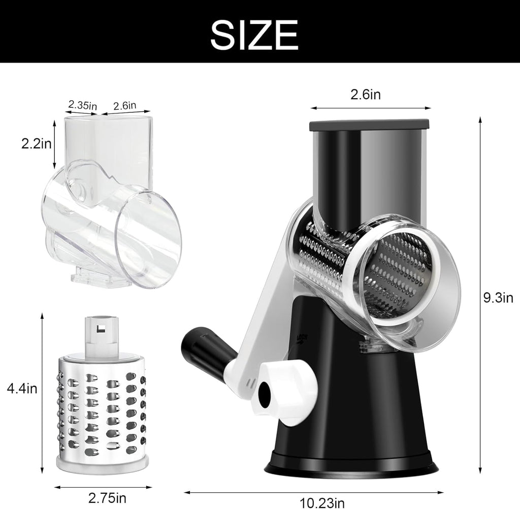 Cambom Rotary Cheese Grater Hand Crank Cheese Shredder for Fresh Cheese, Vegetable, Nuts,Non-slip Suction Base, Three Blades, Black