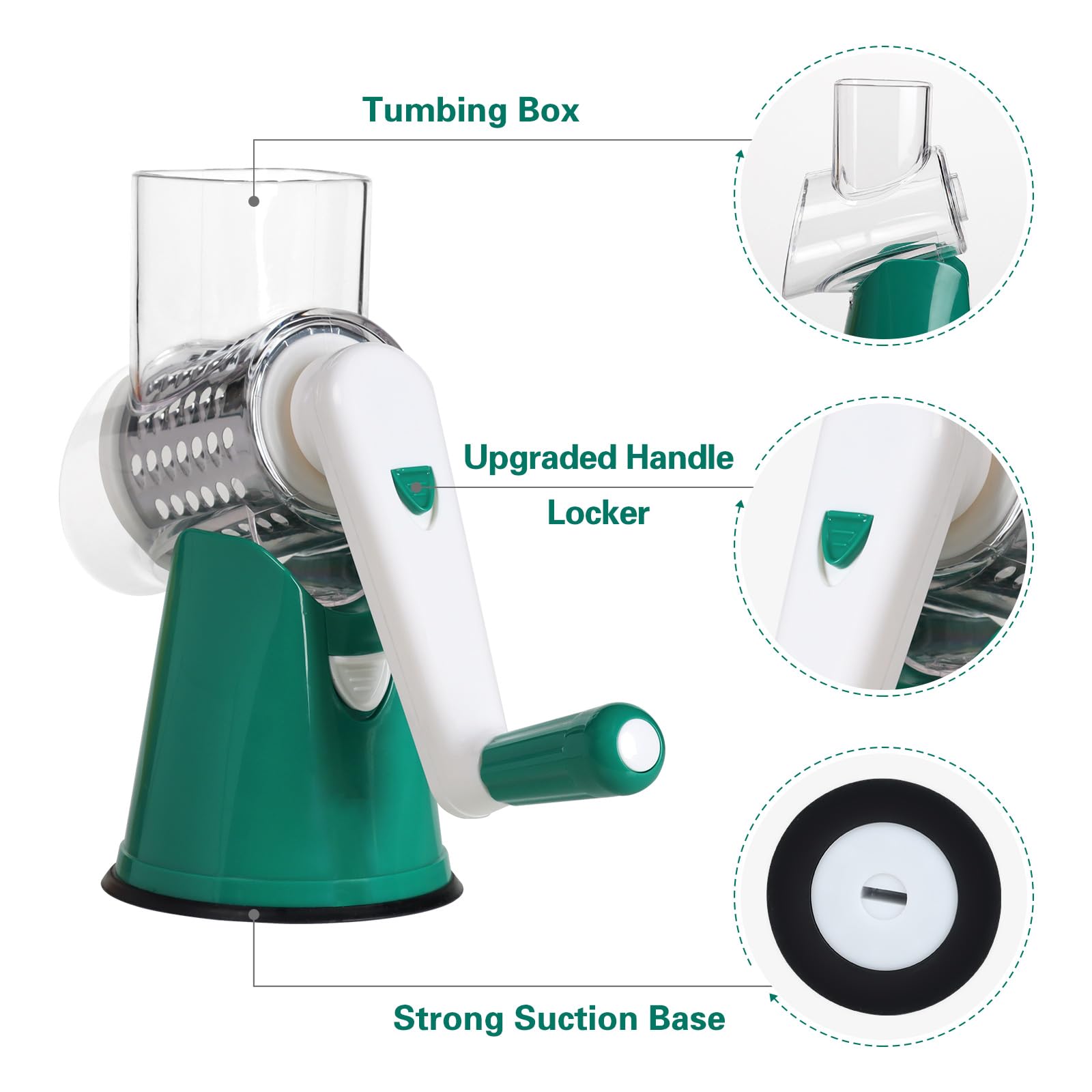 Cambom Rotary Cheese Grater Hand Crank Cheese Shredder for Fresh Cheese, Vegetable, Nuts,Non-slip Suction Base, Three Blades, Black