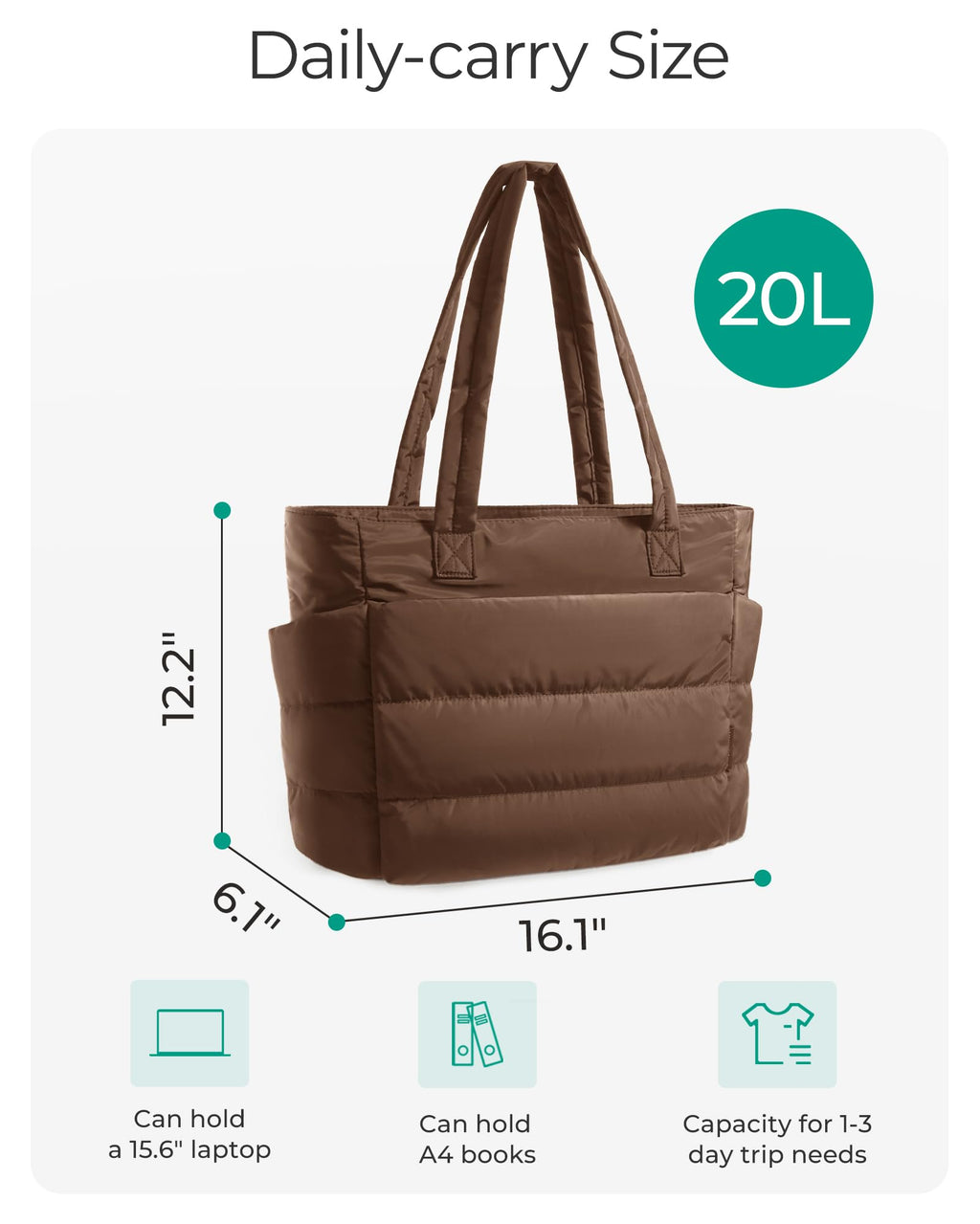 BAGSMART Tote Bag for Women, Lightweight Puffy Tote Bag with Compartments Shoulder Bag Handbag for Travel, Work, Gym | Lightweight, Puffy, Quilted, Work, for Travel