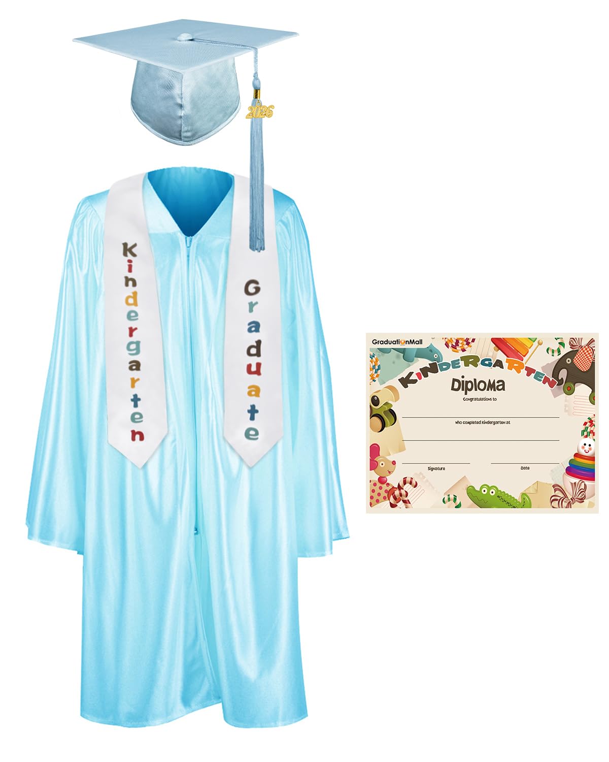 GraduationMall Kindergarten Graduation Cap Gown Stole Package with 2026 Tassel, Certificate