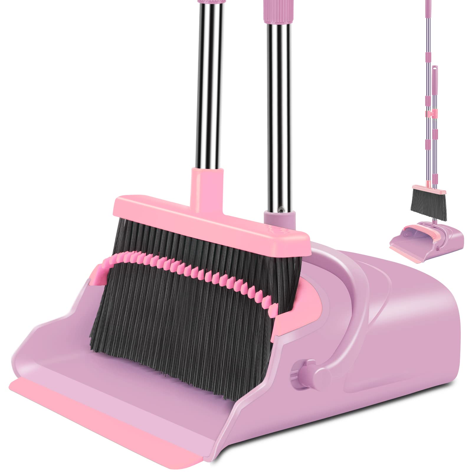 Upgrade Broom and Dustpan Set, Large Size and with Long Handle, Upright,Ideal for Indoor Outdoor Garage Kitchen Room Office Lobby Use (Green)