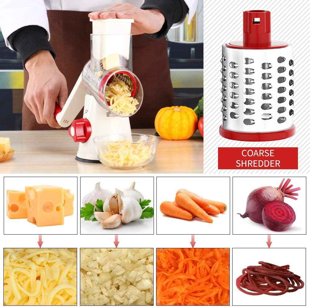 Cambom Rotary Cheese Grater Hand Crank Cheese Shredder for Fresh Cheese, Vegetable, Nuts,Non-slip Suction Base, Three Blades, Black