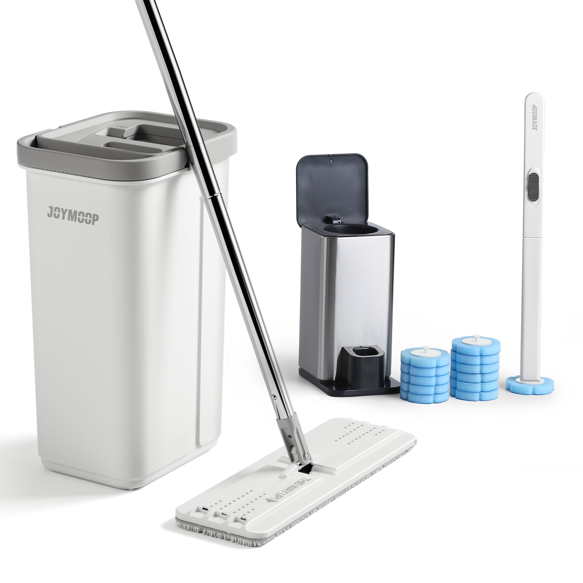 JOYMOOP Mop and Bucket Set, Hands-Free Flat Floor Mop with 3 Washable Microfiber Pads, Wet and Dry Use, Ideal for Home and Commercial Floor Cleaning
