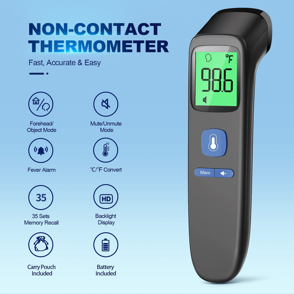 No-Touch Thermometer for Adults and Kids, Accurate Digital Baby Thermometer | 1s Fast Reading, Fever Alarm, Silent Mode, 35-Reading Memory, Forehead & Object Mode, AAA Battery Included, for Home & Clinic