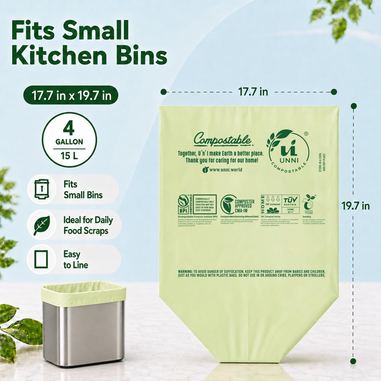 UNNI Compostable Trash Bags, 2.6 Gallon / 9.84 Liter, 100 Count, Extra Thick 0.71 Mil Small Kitchen Food Scrap Bin Liners, Certified by BPI, CMA & OK compost HOME, Meets the ASTM D6400 Standard