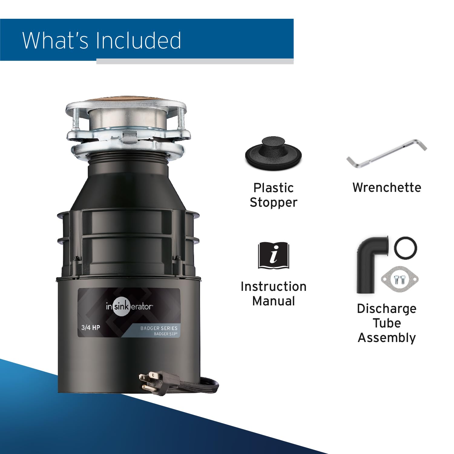 InSinkErator Badger 5 Garbage Disposal with Power Cord, Badger Series 1/2 HP Continuous Feed Food Waste Disposer