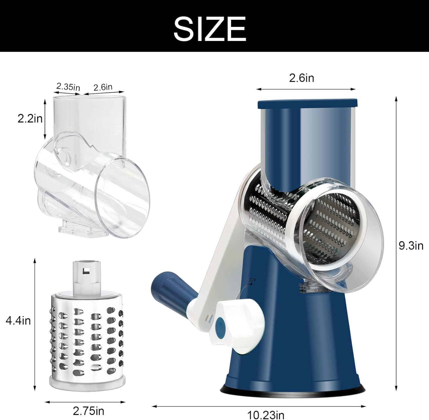 Cambom Rotary Cheese Grater Hand Crank Cheese Shredder for Fresh Cheese, Vegetable, Nuts,Non-slip Suction Base, Three Blades, Black