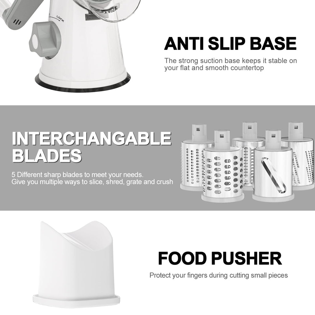 Cambom Rotary Cheese Grater Hand Crank Cheese Shredder for Fresh Cheese, Vegetable, Nuts,Non-slip Suction Base, Three Blades, Black