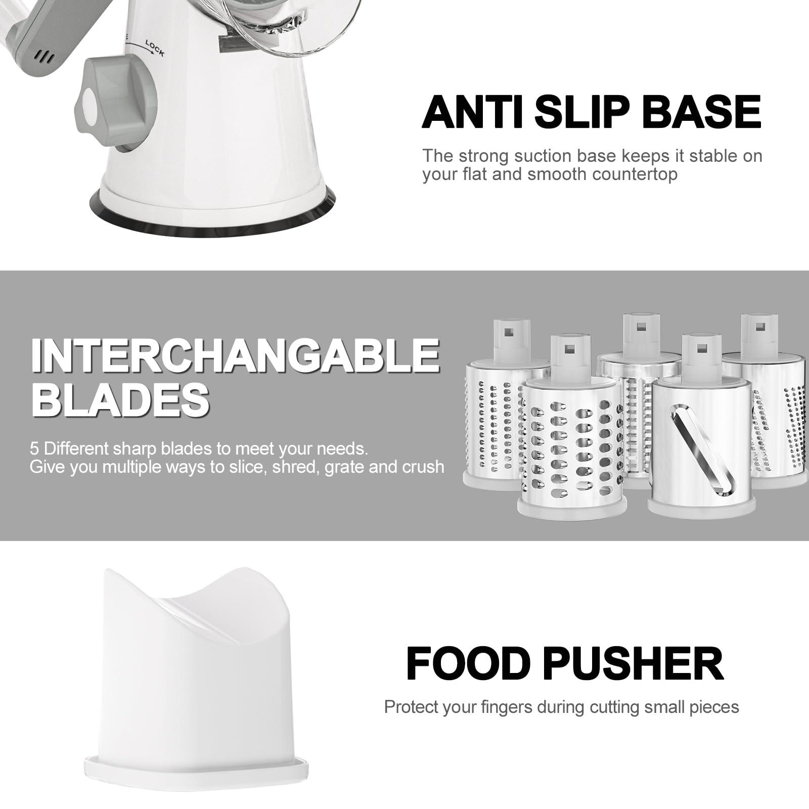 Cambom Rotary Cheese Grater Hand Crank Cheese Shredder for Fresh Cheese, Vegetable, Nuts,Non-slip Suction Base, Three Blades, Black