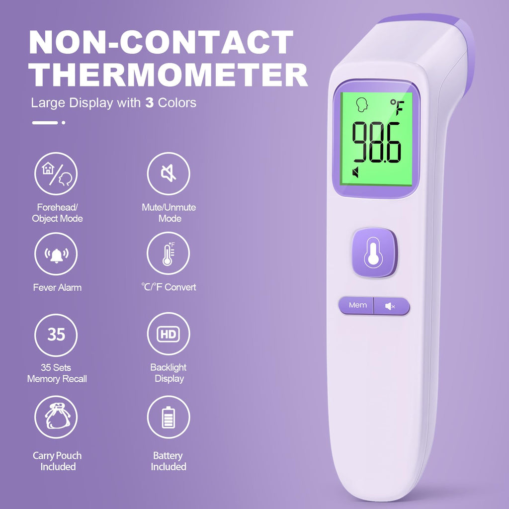 No-Touch Thermometer for Adults and Kids, Accurate Digital Baby Thermometer | 1s Fast Reading, Fever Alarm, Silent Mode, 35-Reading Memory, Forehead & Object Mode, AAA Battery Included, for Home & Clinic