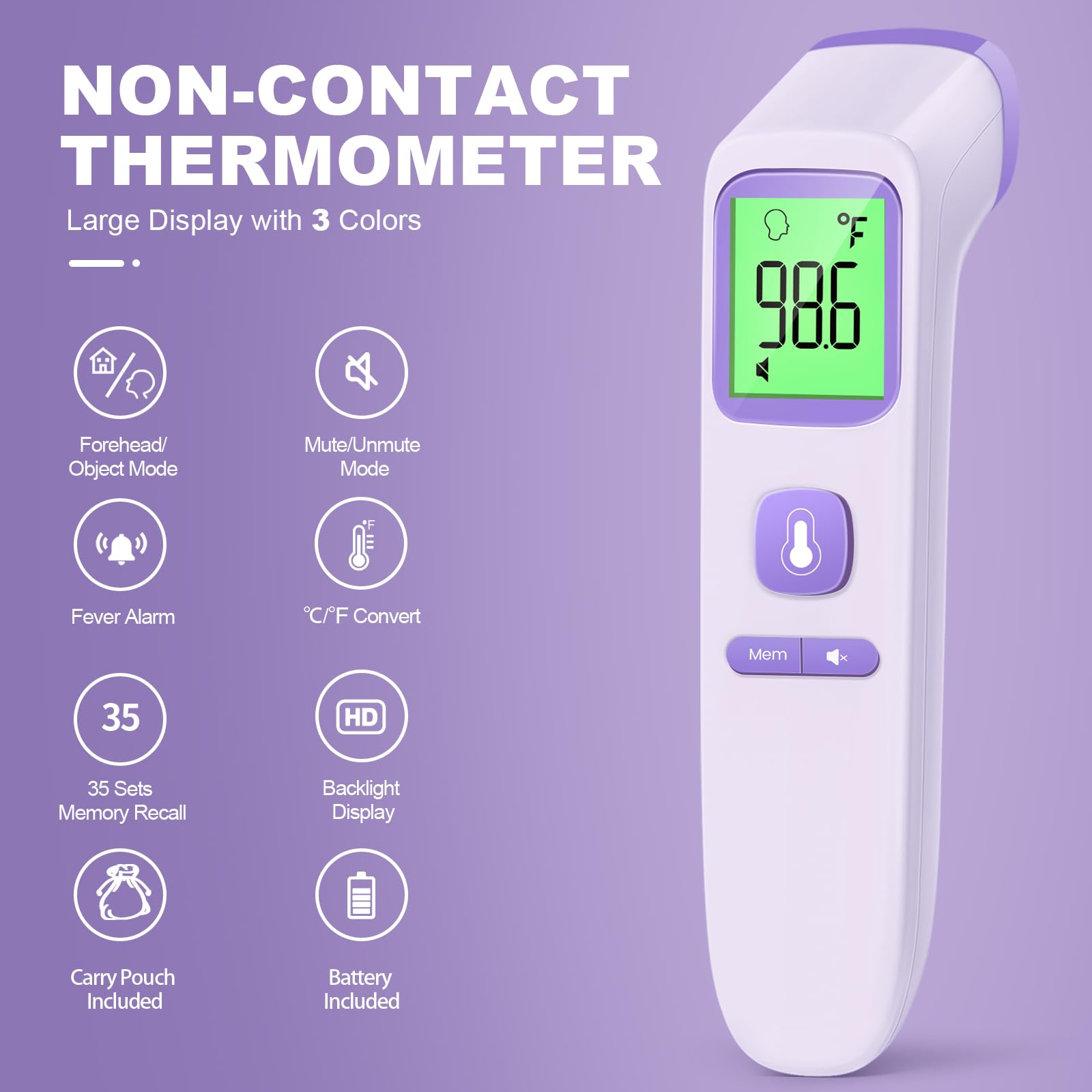 No-Touch Thermometer for Adults and Kids, Accurate Digital Baby Thermometer | 1s Fast Reading, Fever Alarm, Silent Mode, 35-Reading Memory, Forehead & Object Mode, AAA Battery Included, for Home & Clinic