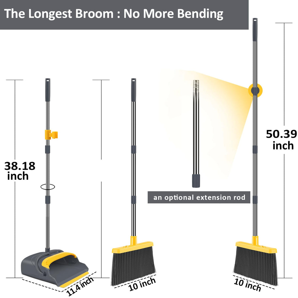 Upgrade Broom and Dustpan Set, Large Size and with Long Handle, Upright,Ideal for Indoor Outdoor Garage Kitchen Room Office Lobby Use (Green)