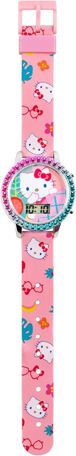 Accutime Sanrio Hello Kitty Girls' Digital LCD Quartz Watch with Pink Strap and Colorful Bezel - Fun LED Light Show - Easy to Read Time for Kids - Fits Wrist 5.5"-8"