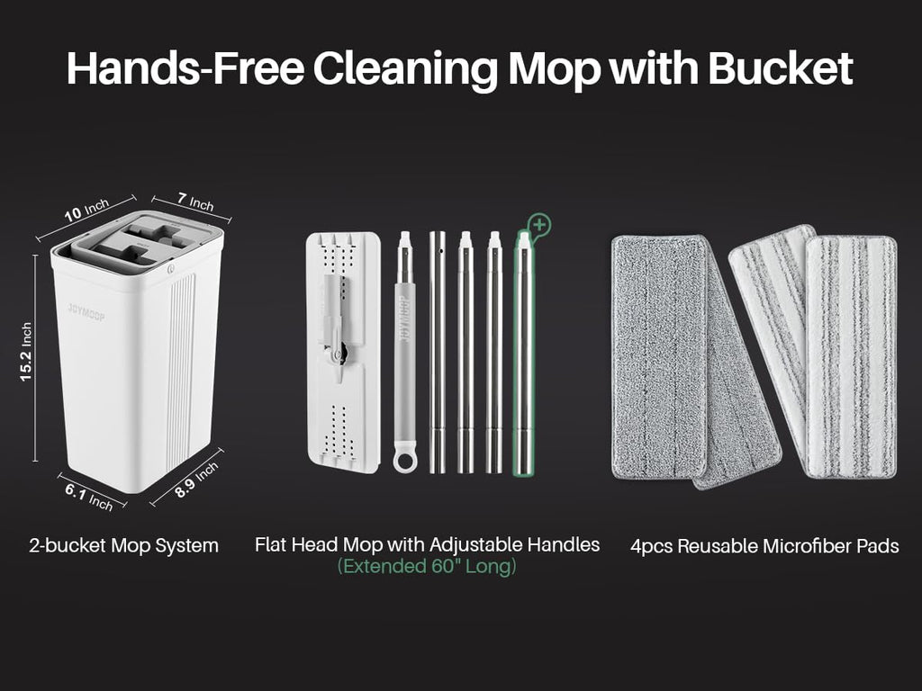 JOYMOOP Mop and Bucket Set, Hands-Free Flat Floor Mop with 3 Washable Microfiber Pads, Wet and Dry Use, Ideal for Home and Commercial Floor Cleaning