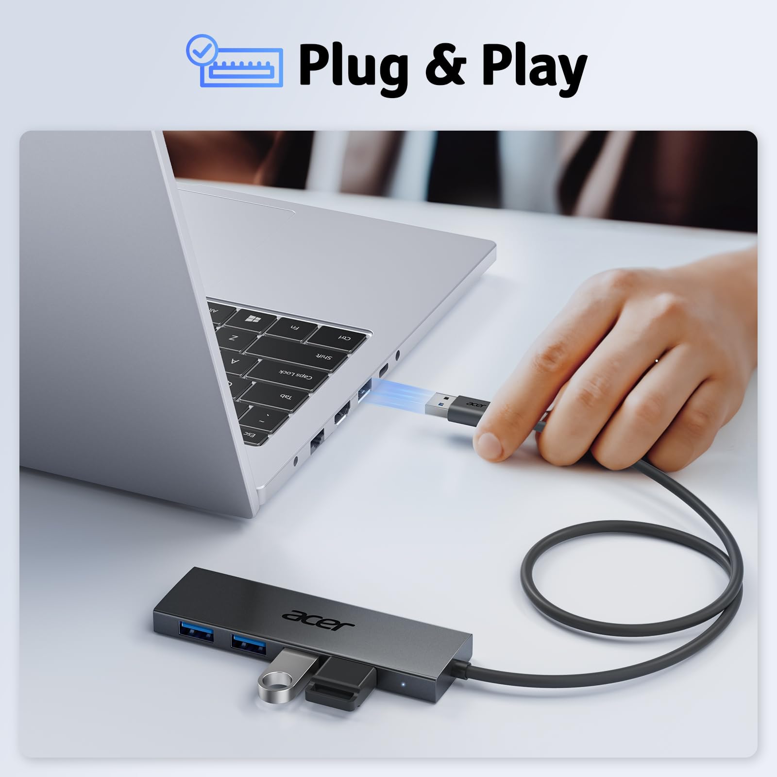 Acer USB Hub 4 Ports, Multiple USB 3.0 Hub, USBA Splitter for Laptop with Type C Power Port, Extender for A Port Laptop, PC, Desktop and More (2ft)