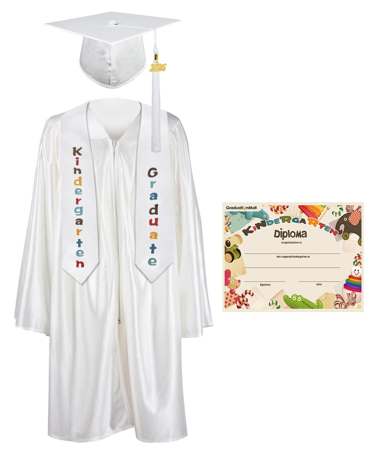GraduationMall Kindergarten Graduation Cap Gown Stole Package with 2026 Tassel, Certificate