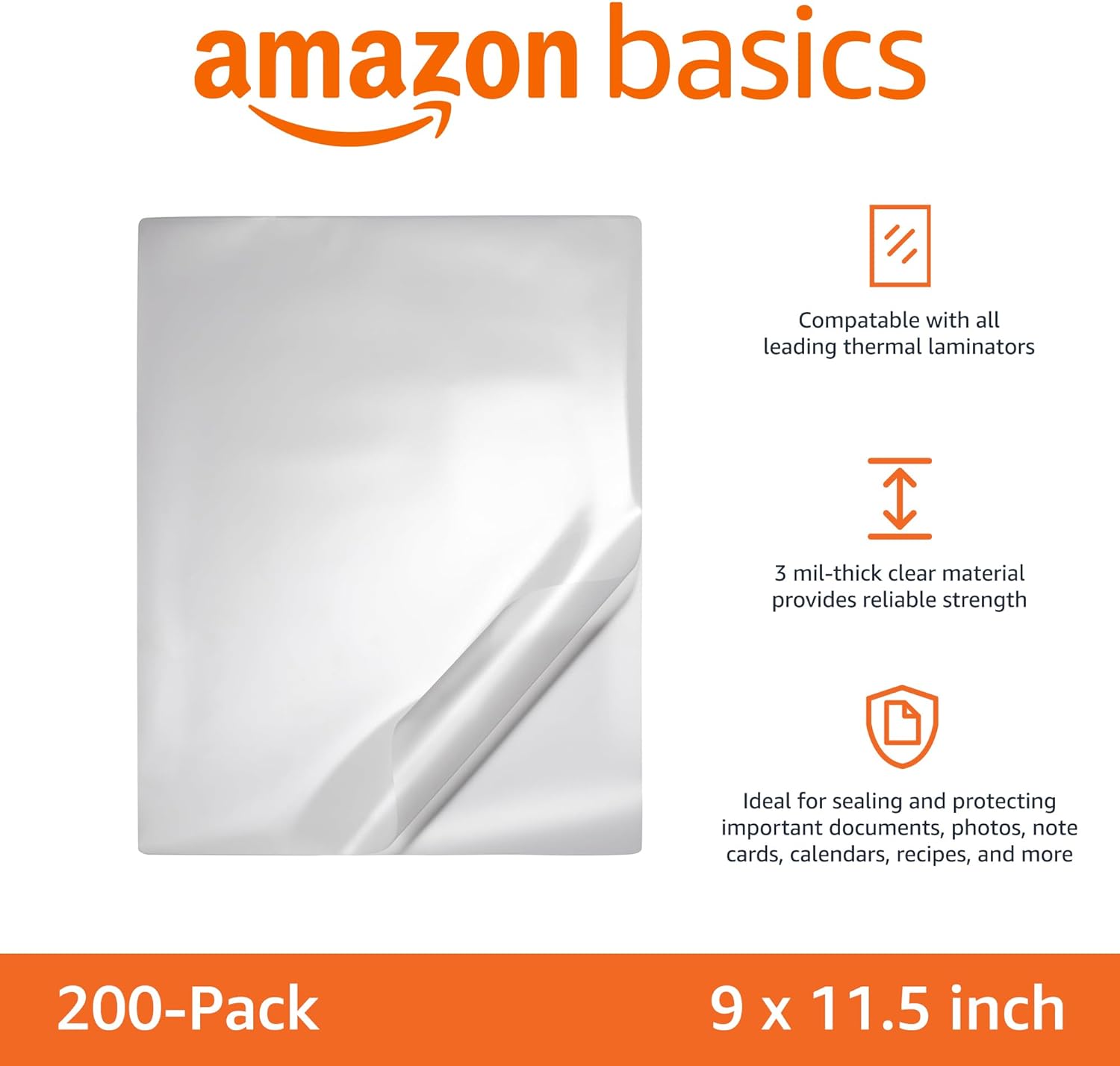 Amazon Basics Clear Thermal Laminating Sheets for Documents and Photos, 9 x 11.5-Inch, 2.8 mil, 200-Pack