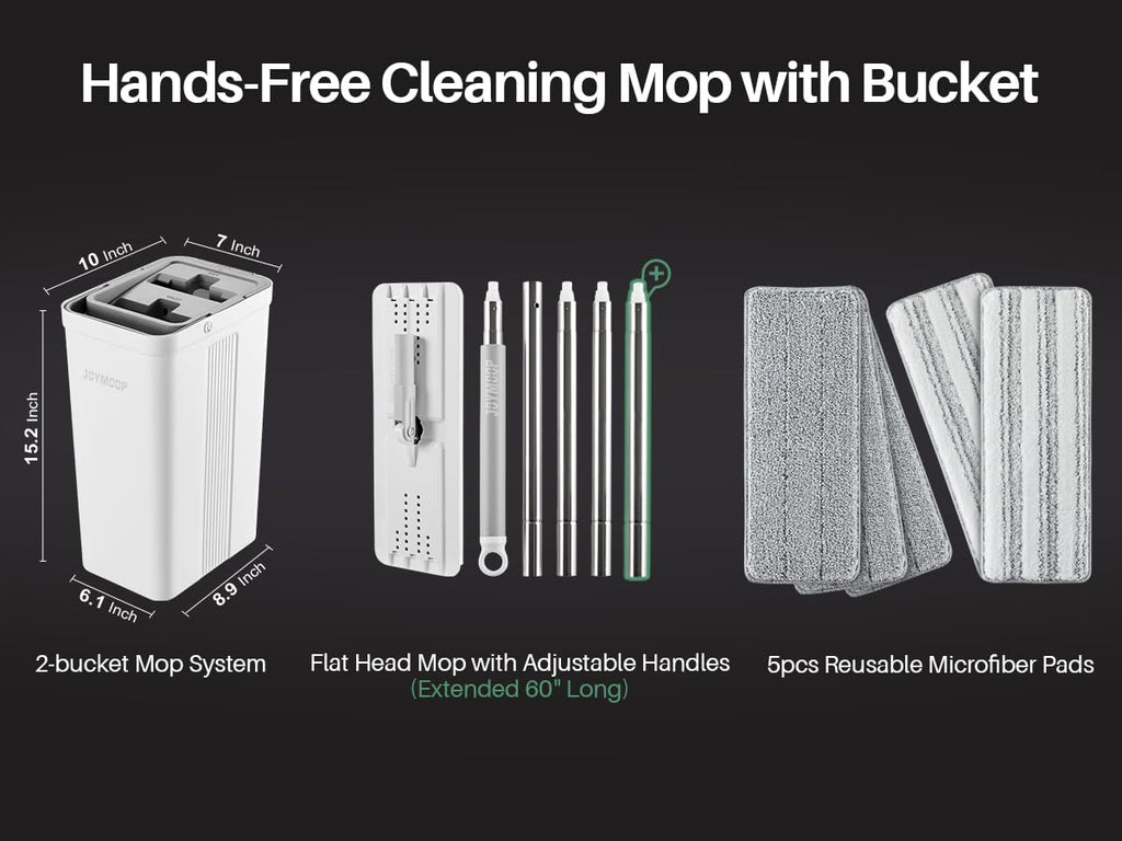 JOYMOOP Mop and Bucket Set, Hands-Free Flat Floor Mop with 3 Washable Microfiber Pads, Wet and Dry Use, Ideal for Home and Commercial Floor Cleaning