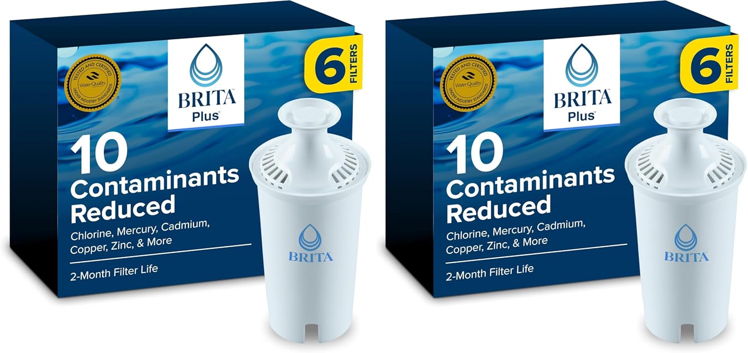 Brita BritaPlus Replacement Water Filter for Pitchers and Dispensers, WQA NSF/ANSI Certified, Reduces 2x More Contaminants vs. Standard Brita, Reduces Chlorine Zinc Copper Mercury & More, 4 Filters