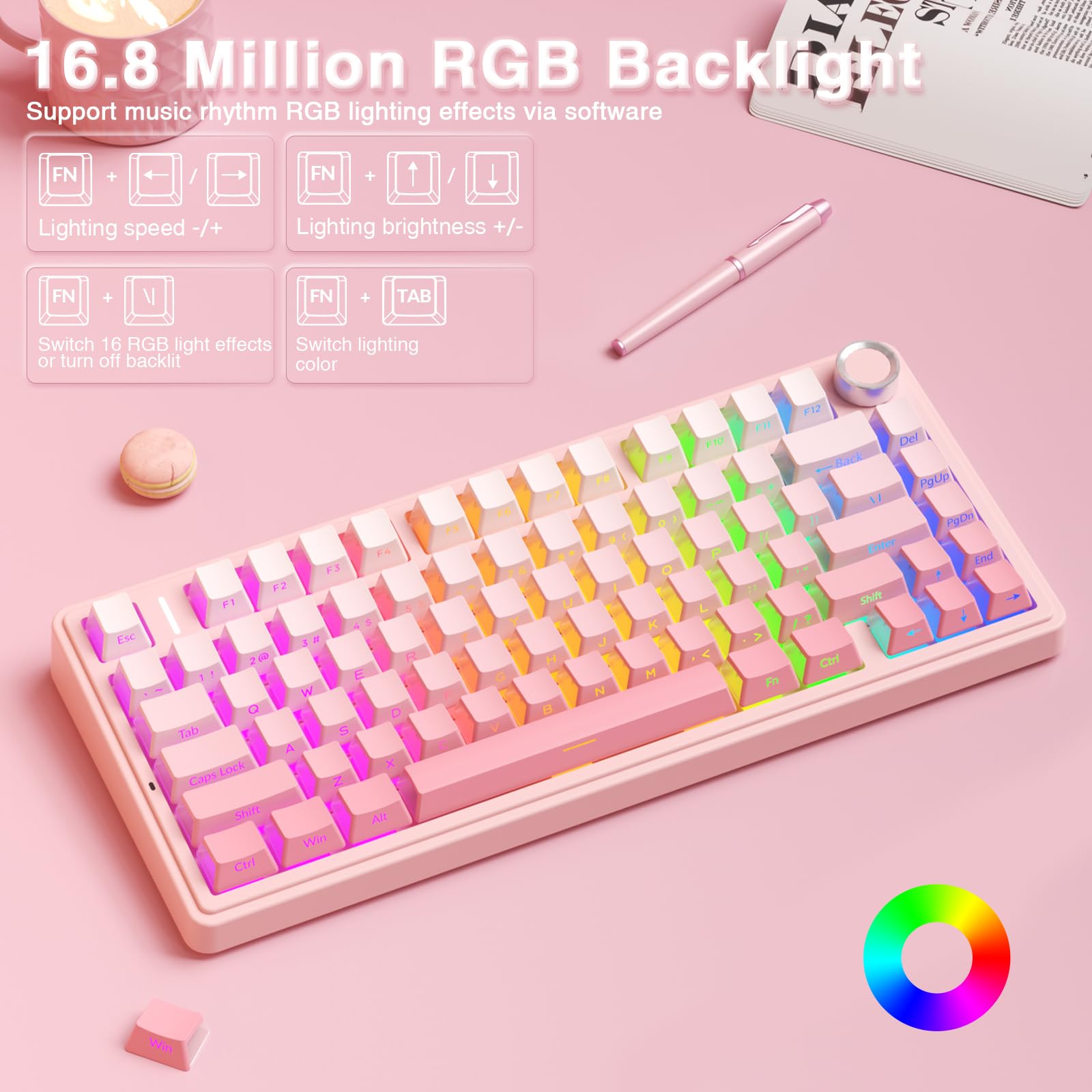 AULA F75 Pro Wireless Mechanical Keyboard,75% Hot Swappable Custom Keyboard with Knob,RGB Backlit,Pre-lubed Reaper Switches,Side Printed PBT Keycaps,2.4GHz/USB-C/BT5.0 Mechanical Gaming Keyboards