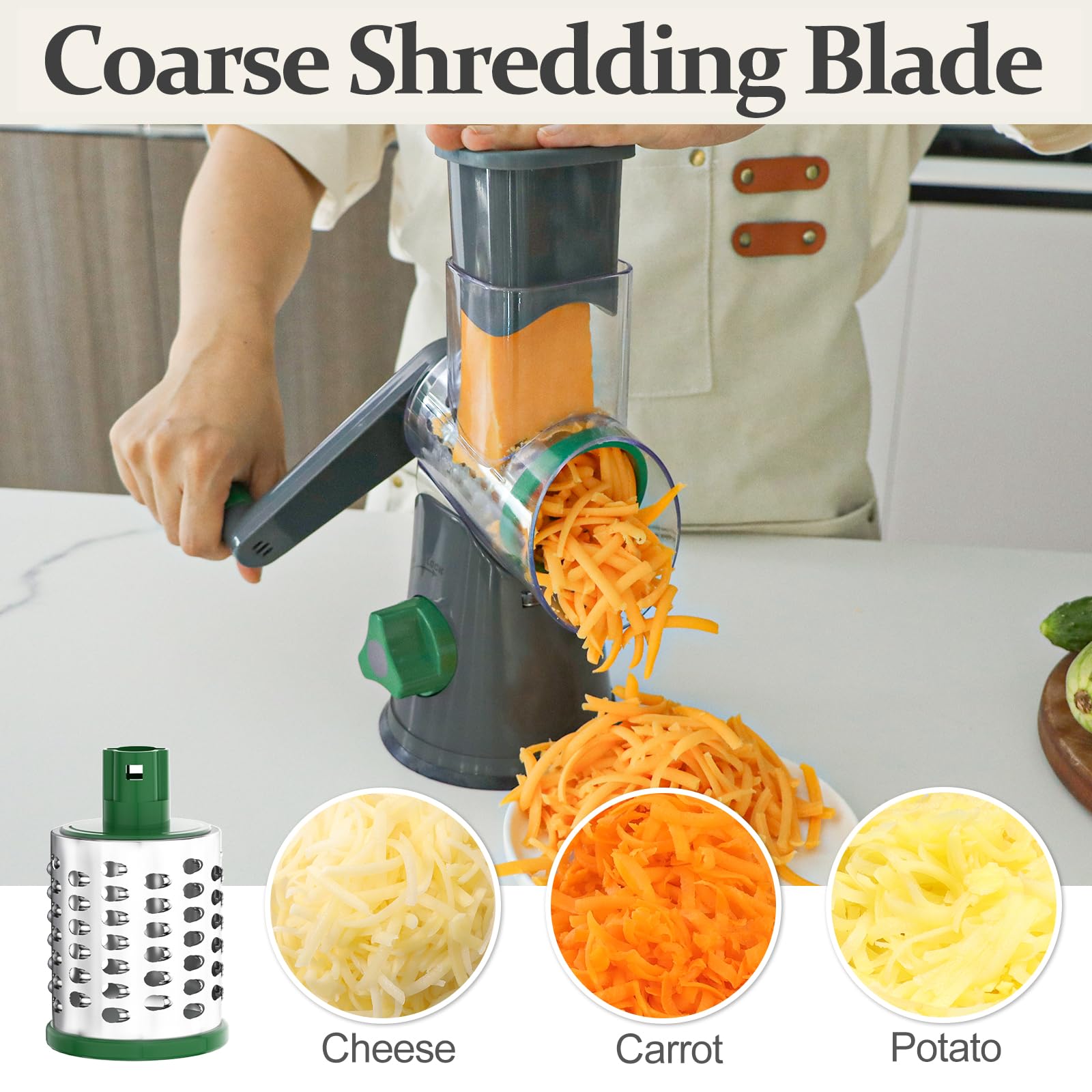 Cambom Rotary Cheese Grater Hand Crank Cheese Shredder for Fresh Cheese, Vegetable, Nuts,Non-slip Suction Base, Three Blades, Black