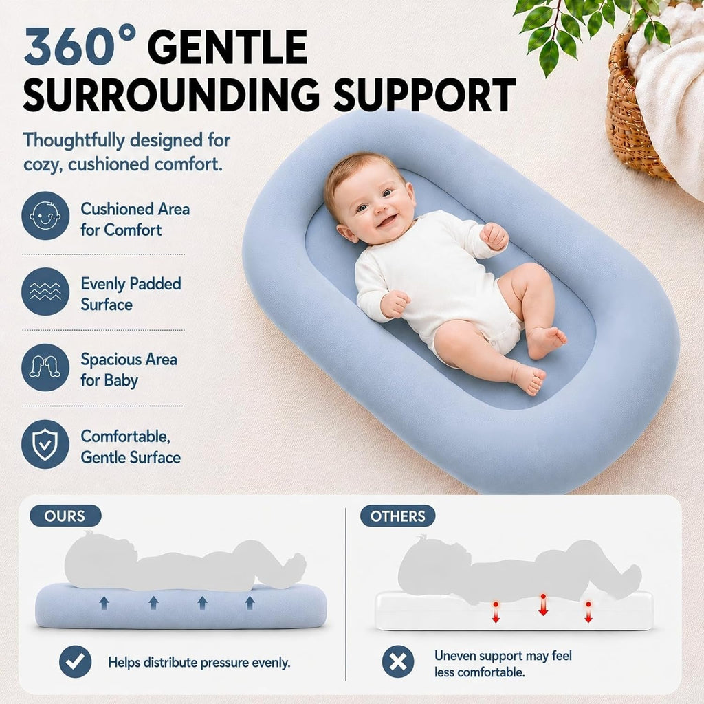 Baby Lounger for Newborns 0-24 Months - Baby Essentials | Soft Breathable Cotton Infant Support Cushion for Tummy Time & Play, Portable Infant Lounger - Cloud White (Cover Included)