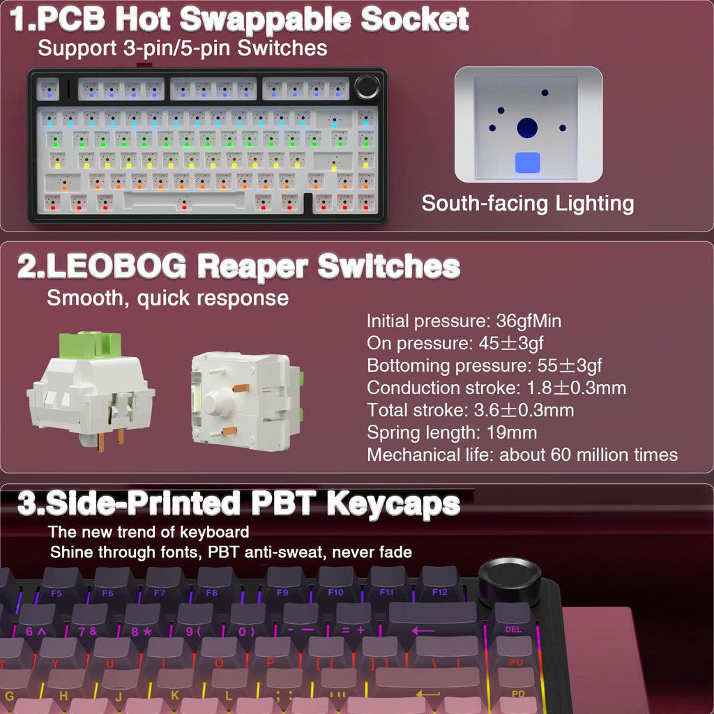 AULA F75 Pro Wireless Mechanical Keyboard,75% Hot Swappable Custom Keyboard with Knob,RGB Backlit,Pre-lubed Reaper Switches,Side Printed PBT Keycaps,2.4GHz/USB-C/BT5.0 Mechanical Gaming Keyboards