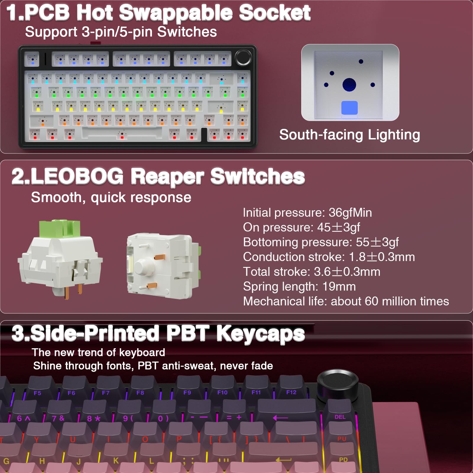 AULA F75 Pro Wireless Mechanical Keyboard,75% Hot Swappable Custom Keyboard with Knob,RGB Backlit,Pre-lubed Reaper Switches,Side Printed PBT Keycaps,2.4GHz/USB-C/BT5.0 Mechanical Gaming Keyboards