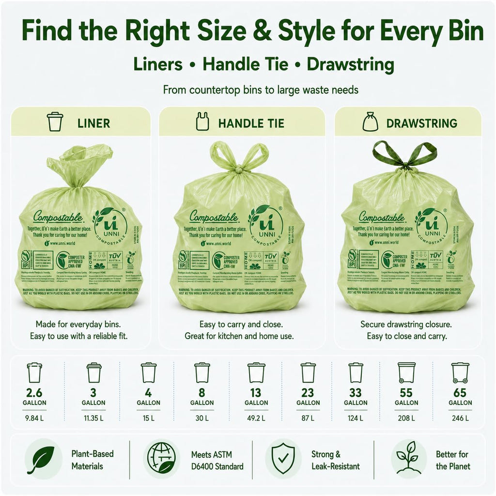 UNNI Compostable Trash Bags, 2.6 Gallon / 9.84 Liter, 100 Count, Extra Thick 0.71 Mil Small Kitchen Food Scrap Bin Liners, Certified by BPI, CMA & OK compost HOME, Meets the ASTM D6400 Standard