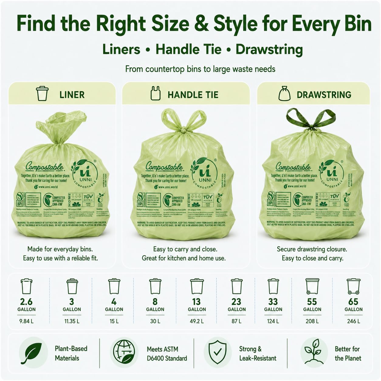 UNNI Compostable Trash Bags, 2.6 Gallon / 9.84 Liter, 100 Count, Extra Thick 0.71 Mil Small Kitchen Food Scrap Bin Liners, Certified by BPI, CMA & OK compost HOME, Meets the ASTM D6400 Standard