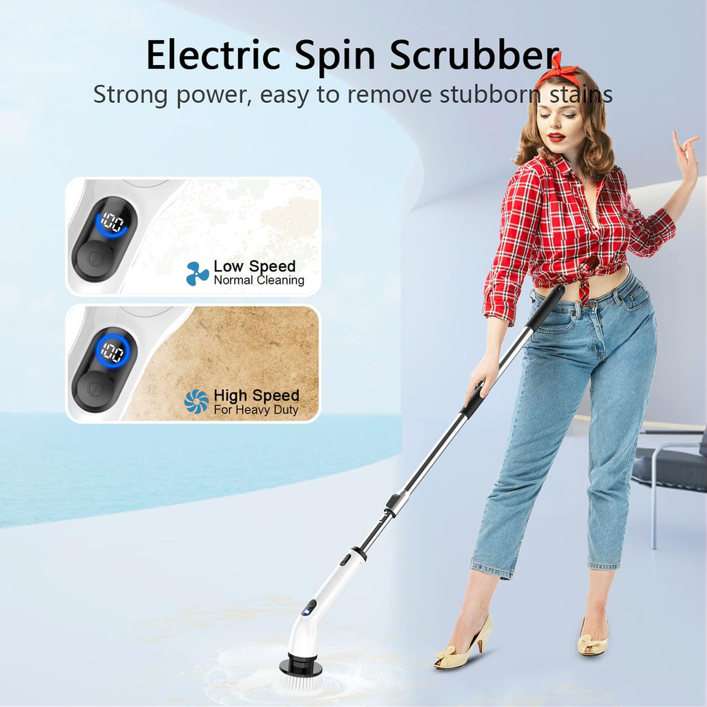 TUYU Electric Spin Scrubber,IPX7 Full-Body Waterproof Cordless Cleaning Tool, LCD Battery Indicator, Adjustable Extension Handle, 90-Minute Runtime for Bathroom, Kitchen, Glass, Car