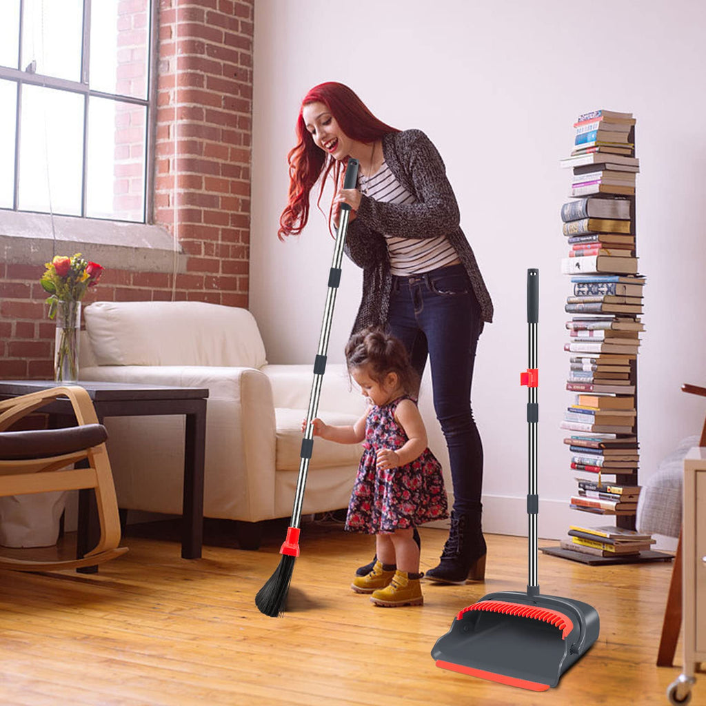 Upgrade Broom and Dustpan Set, Large Size and with Long Handle, Upright,Ideal for Indoor Outdoor Garage Kitchen Room Office Lobby Use (Green)