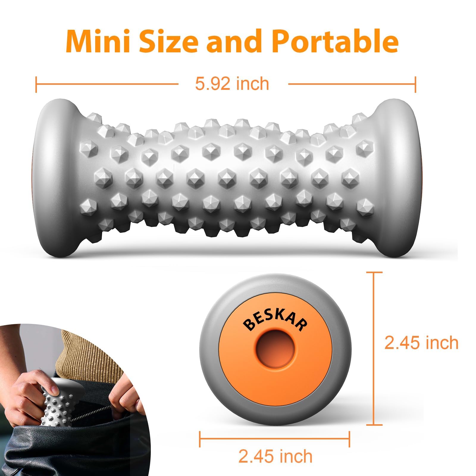 BESKAR Foot Massager Roller for Plantar Fasciitis Relief, Portable, Deep Tissue Muscle Massage, Foot Arch and Heel Pain, Reflexology Tool
