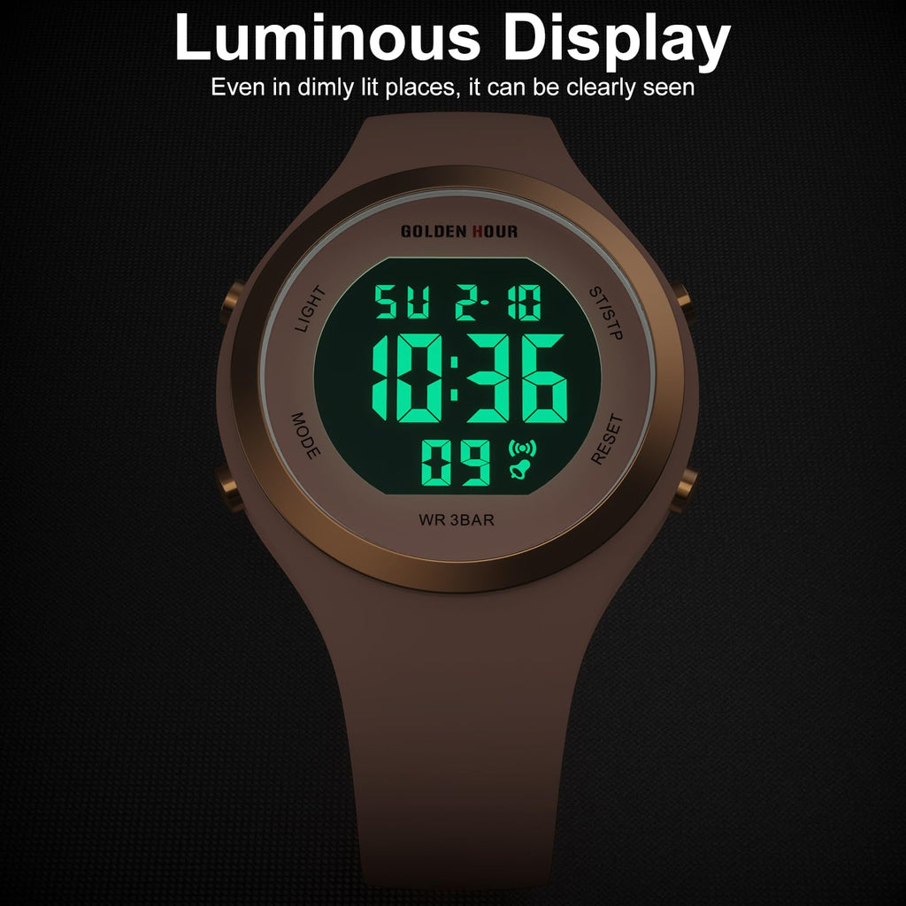 GOLDEN HOUR Waterproof Sport Women's Digital Chronograph Silicone Strap Watch