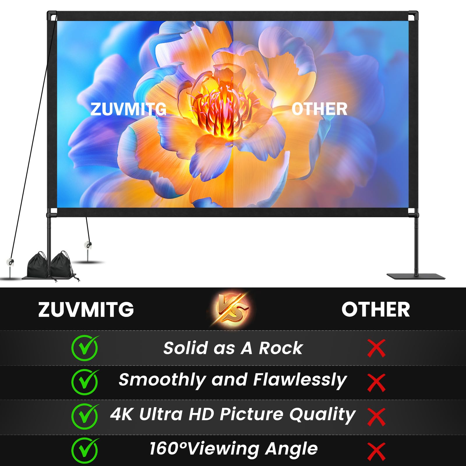 120inch Projector Screen with Stand: Portable Projector Screen Outdoor Indoor Front/Rear16:9 4K HD with Carry Bag Sandbag- Movie Screen for Backyard Moive Night, Camping, Theater