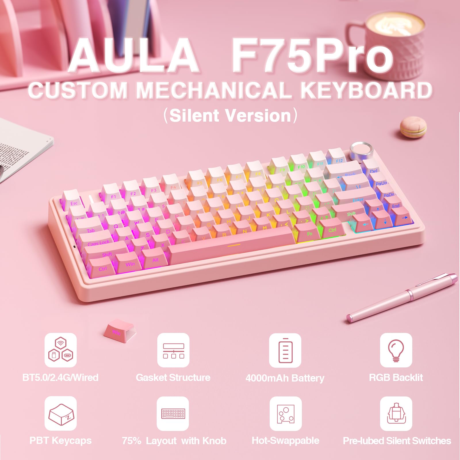 AULA F75 Pro Wireless Mechanical Keyboard,75% Hot Swappable Custom Keyboard with Knob,RGB Backlit,Pre-lubed Reaper Switches,Side Printed PBT Keycaps,2.4GHz/USB-C/BT5.0 Mechanical Gaming Keyboards