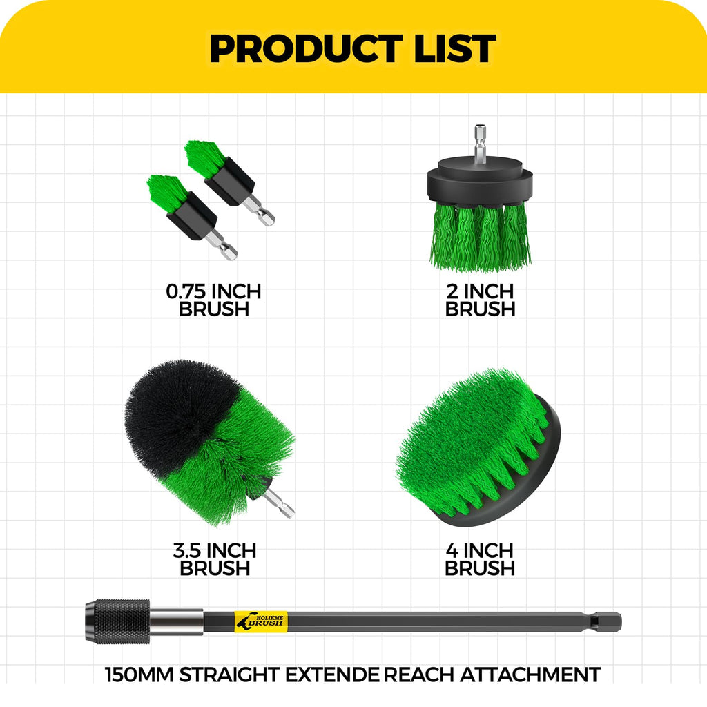 Holikme 6Pack Drill Brush Power Scrubber Cleaning Brush Extended Long Attachment Set All Purpose Drill Scrub Brushes Kit for Grout, Floor, Tub, Bathroom and Kitchen Surface,Scratch Brushes（Yellow）