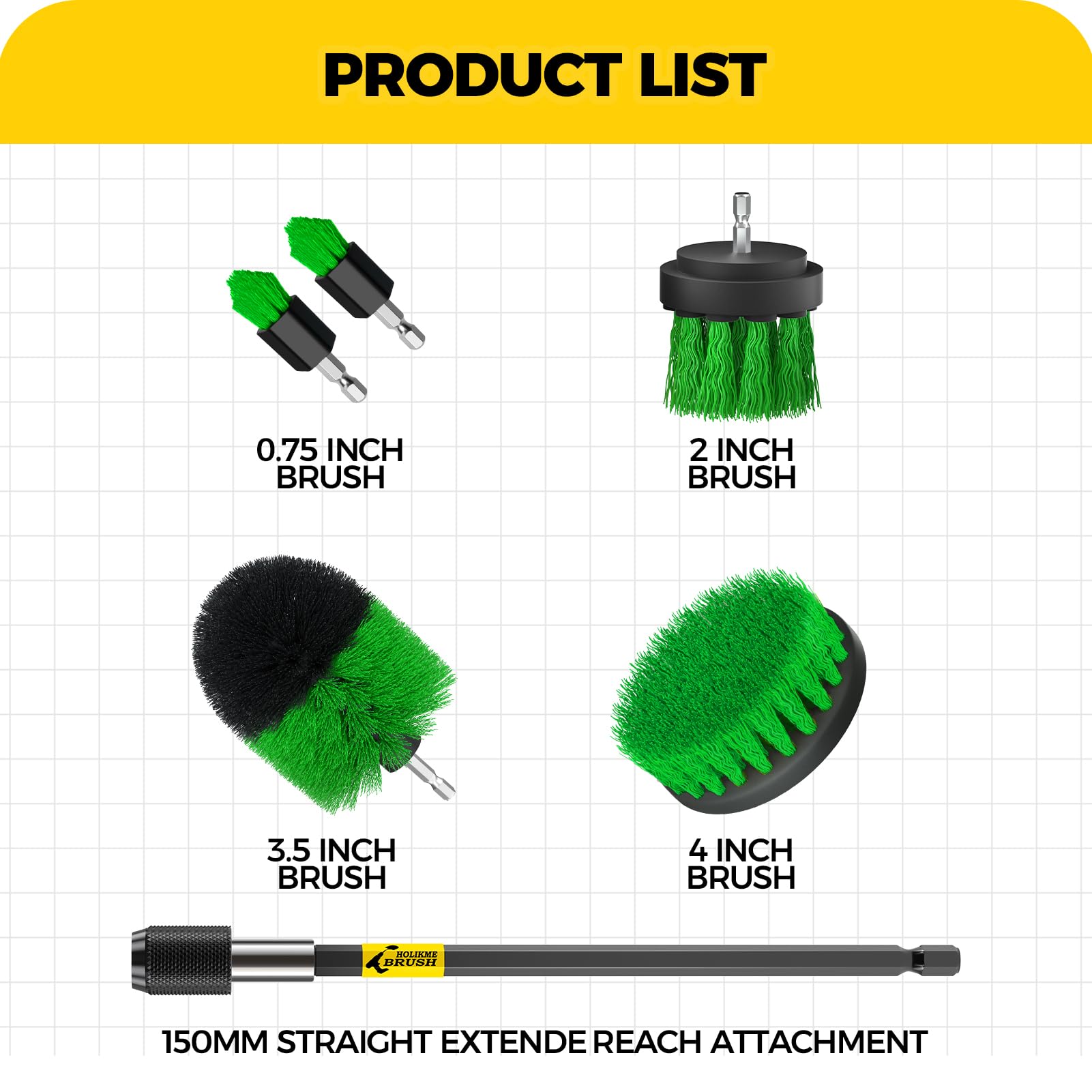 Holikme 6Pack Drill Brush Power Scrubber Cleaning Brush Extended Long Attachment Set All Purpose Drill Scrub Brushes Kit for Grout, Floor, Tub, Bathroom and Kitchen Surface,Scratch Brushes（Yellow）