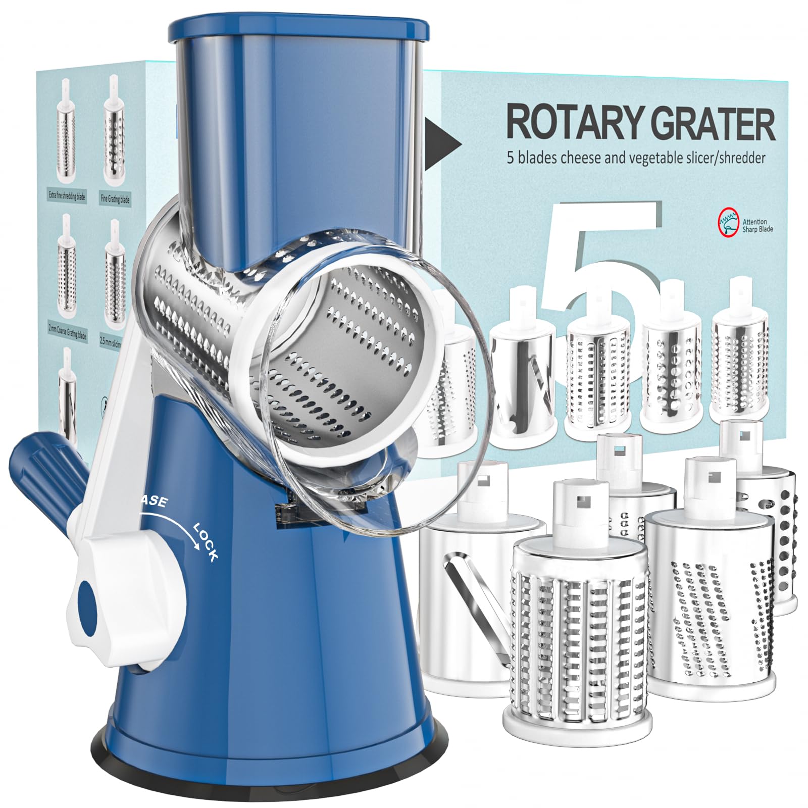 Cambom Rotary Cheese Grater Hand Crank Cheese Shredder for Fresh Cheese, Vegetable, Nuts,Non-slip Suction Base, Three Blades, Black