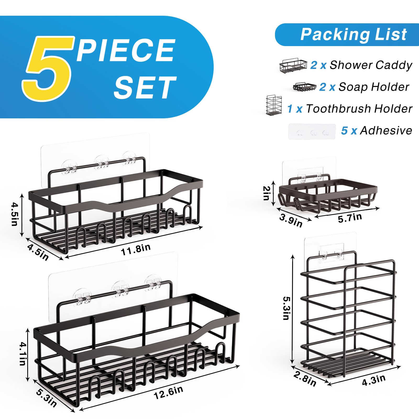 EUDELE Adhesive Shower Caddy, 5 Pack Rustproof Stainless Steel Bath Organizers With Large Capacity, No Drilling Shelves for Bathroom Storage & Home Decor