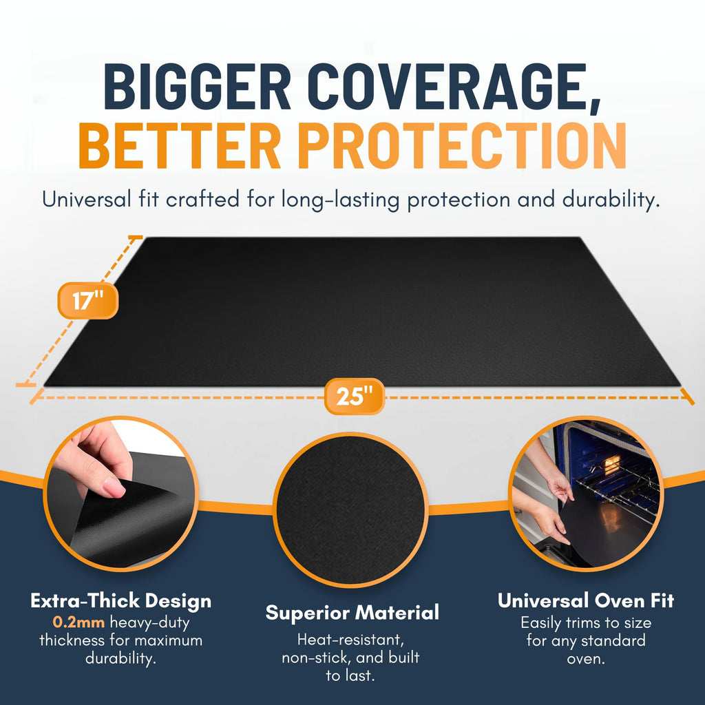Oven Liners for Bottom of Oven - 2 Pack Large Heavy Duty Mats, 17”x25” Non-Stick Reusable Liner for Electric, Gas, Toaster Ovens, Grills - BPA & PFOA Free Kitchen Accessory to Keep Oven Clean (Black)