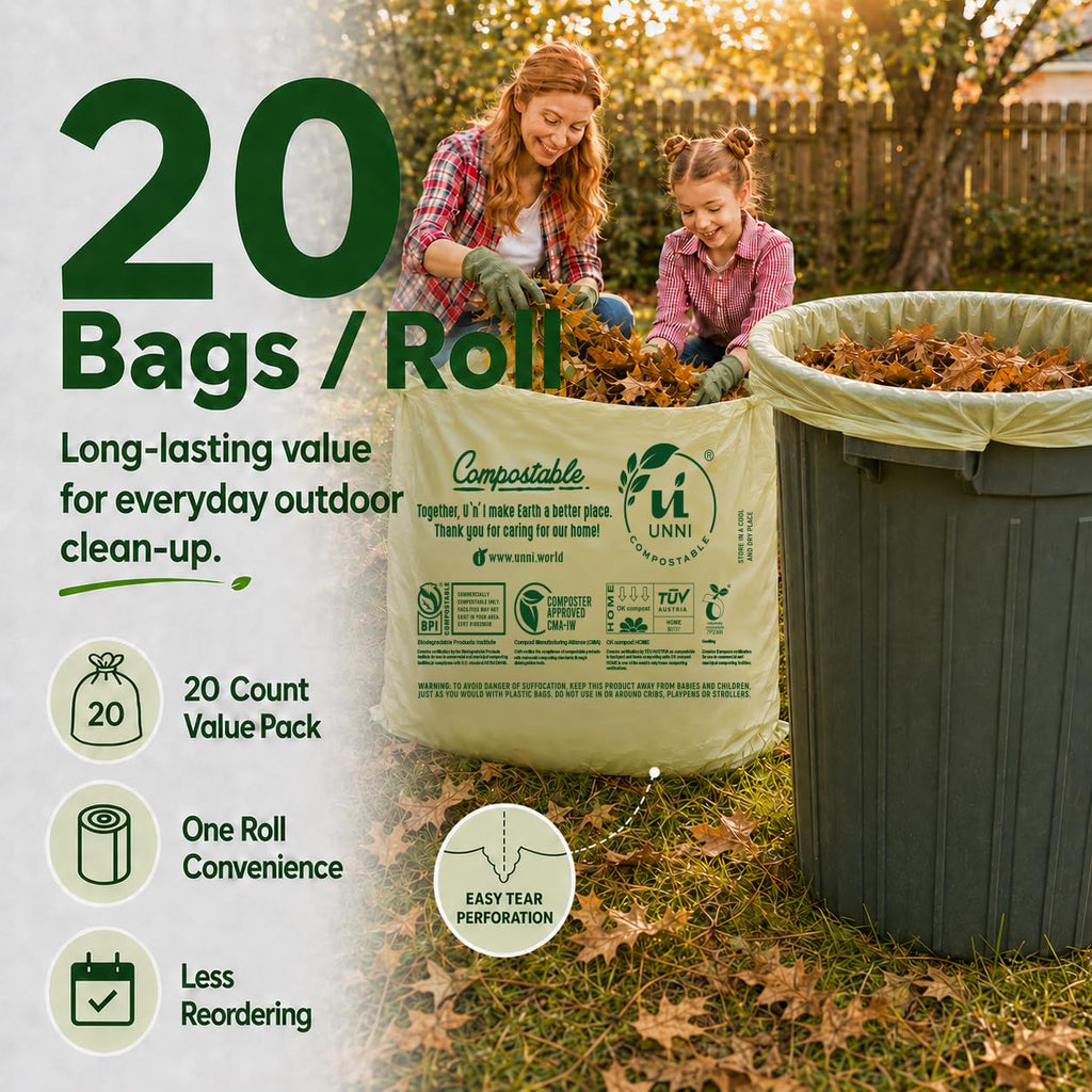 UNNI Compostable Trash Bags, 2.6 Gallon / 9.84 Liter, 100 Count, Extra Thick 0.71 Mil Small Kitchen Food Scrap Bin Liners, Certified by BPI, CMA & OK compost HOME, Meets the ASTM D6400 Standard