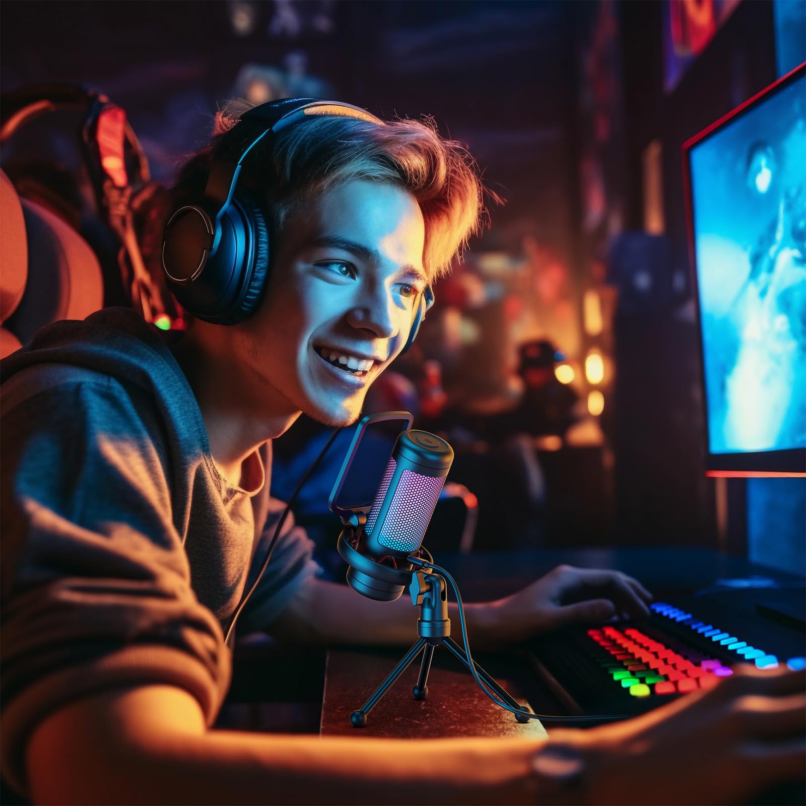 TONOR Gaming Microphone Set with Boom Arm, Vocal Condenser Microphone for PC with Stand, USB Mic with controllable RGB Light, One Tap Mute, Volume Control, for Discord, Twitch Streaming, TC310+