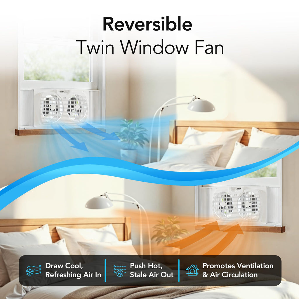 Comfort Zone Twin Window Fan with Reversible Airflow Control, 9 inch, Auto-Locking Expanders, 2 Speed Fan, Dual Fan, Exhaust, Airflow 9.84 ft/sec, Ideal for Home, Kitchen, Bedroom & Office, CZ319WT