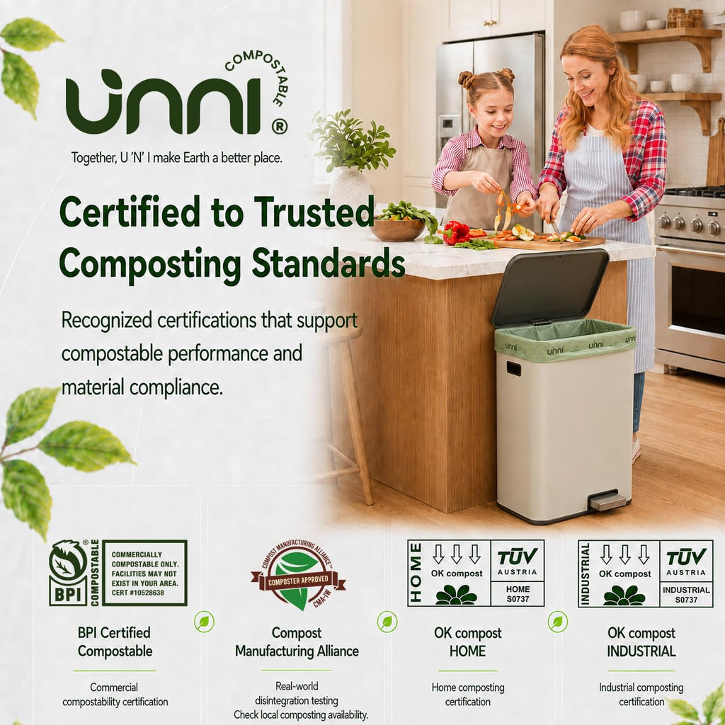 UNNI Compostable Trash Bags, 2.6 Gallon / 9.84 Liter, 100 Count, Extra Thick 0.71 Mil Small Kitchen Food Scrap Bin Liners, Certified by BPI, CMA & OK compost HOME, Meets the ASTM D6400 Standard