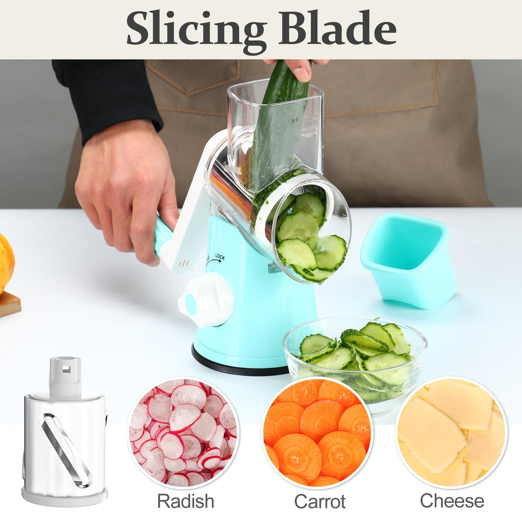 Cambom Rotary Cheese Grater Hand Crank Cheese Shredder for Fresh Cheese, Vegetable, Nuts,Non-slip Suction Base, Three Blades, Black