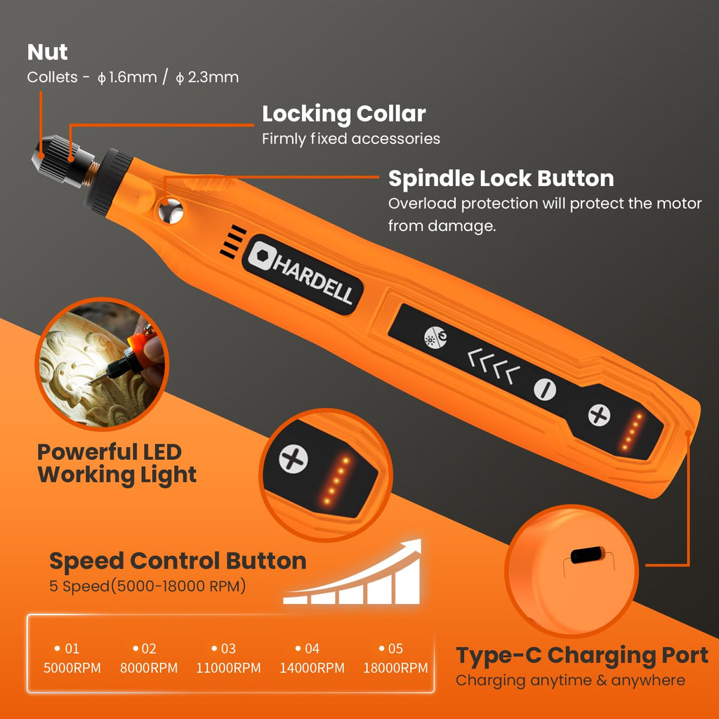 HARDELL Mini Cordless Rotary Tool, 5-Speed and USB Charging Rotary Tool Kit with 69 Accessories, Multi-Purpose 3.7V Power Rotary Tool for Sanding, Polishing, Drilling, Etching, Engraving, DIY Crafts