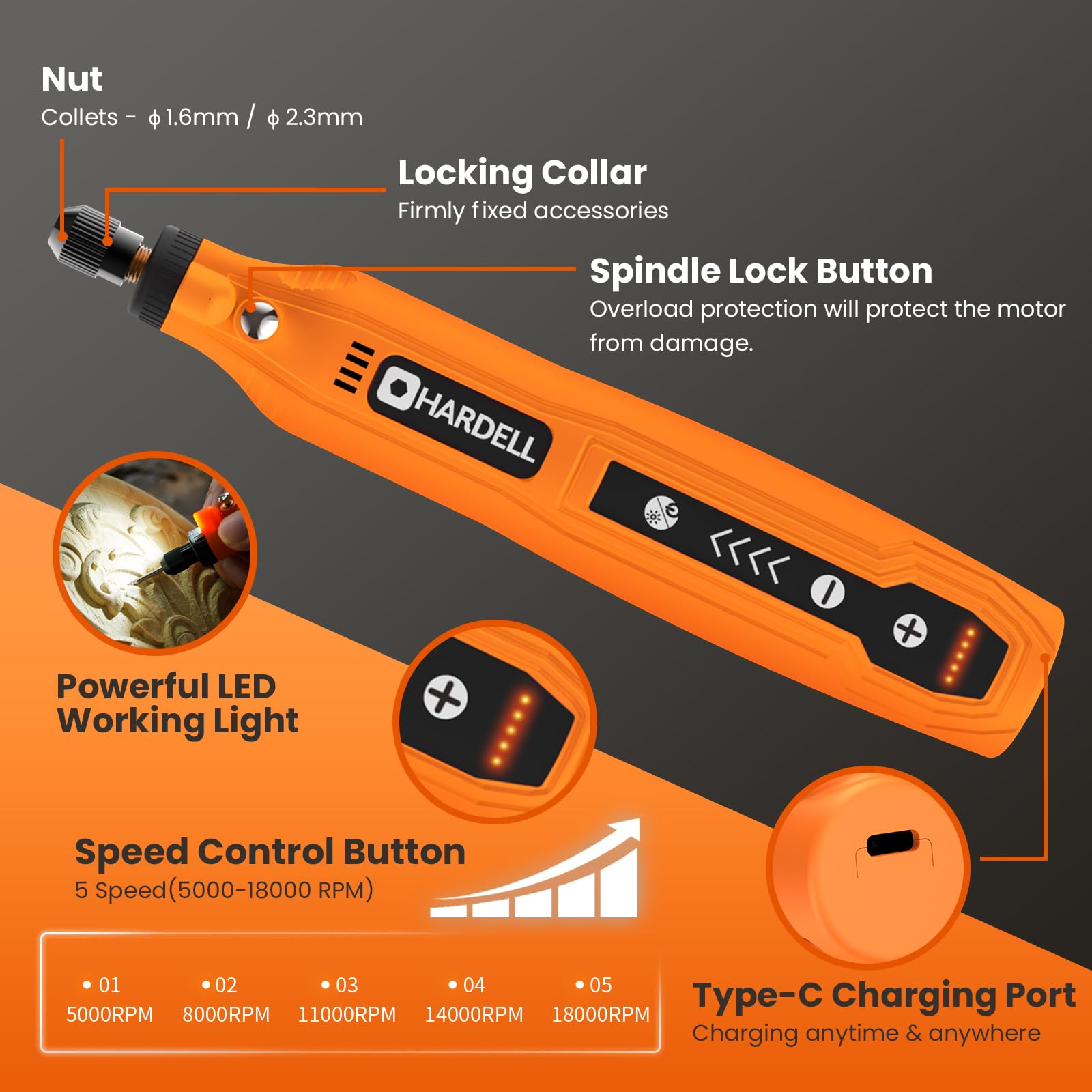 HARDELL Mini Cordless Rotary Tool, 5-Speed and USB Charging Rotary Tool Kit with 69 Accessories, Multi-Purpose 3.7V Power Rotary Tool for Sanding, Polishing, Drilling, Etching, Engraving, DIY Crafts