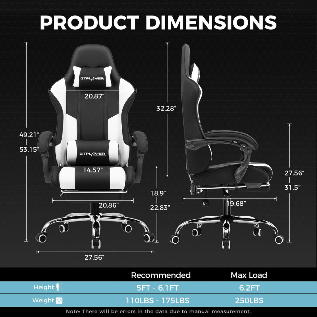 GTPLAYER Gaming Chair, Computer Chair with Footrest and Lumbar Support, Height Adjustable Game Chair with 360°-Swivel Seat and Headrest and for Office or Gaming (Pearl White)
